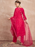 Fuchsia Straight-Fit Kurta Set With Intricate Zari Embroidery, Paired With Solid Ankle-Length Trousers And An Embroidered Dupatta For A Graceful Festive Look