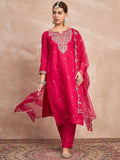 Fuchsia Straight-Fit Kurta Set With Intricate Zari Embroidery, Paired With Solid Ankle-Length Trousers And An Embroidered Dupatta For A Graceful Festive Look
