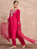 Fuchsia Straight-Fit Kurta Set With Intricate Zari Embroidery, Paired With Solid Ankle-Length Trousers And An Embroidered Dupatta For A Graceful Festive Look