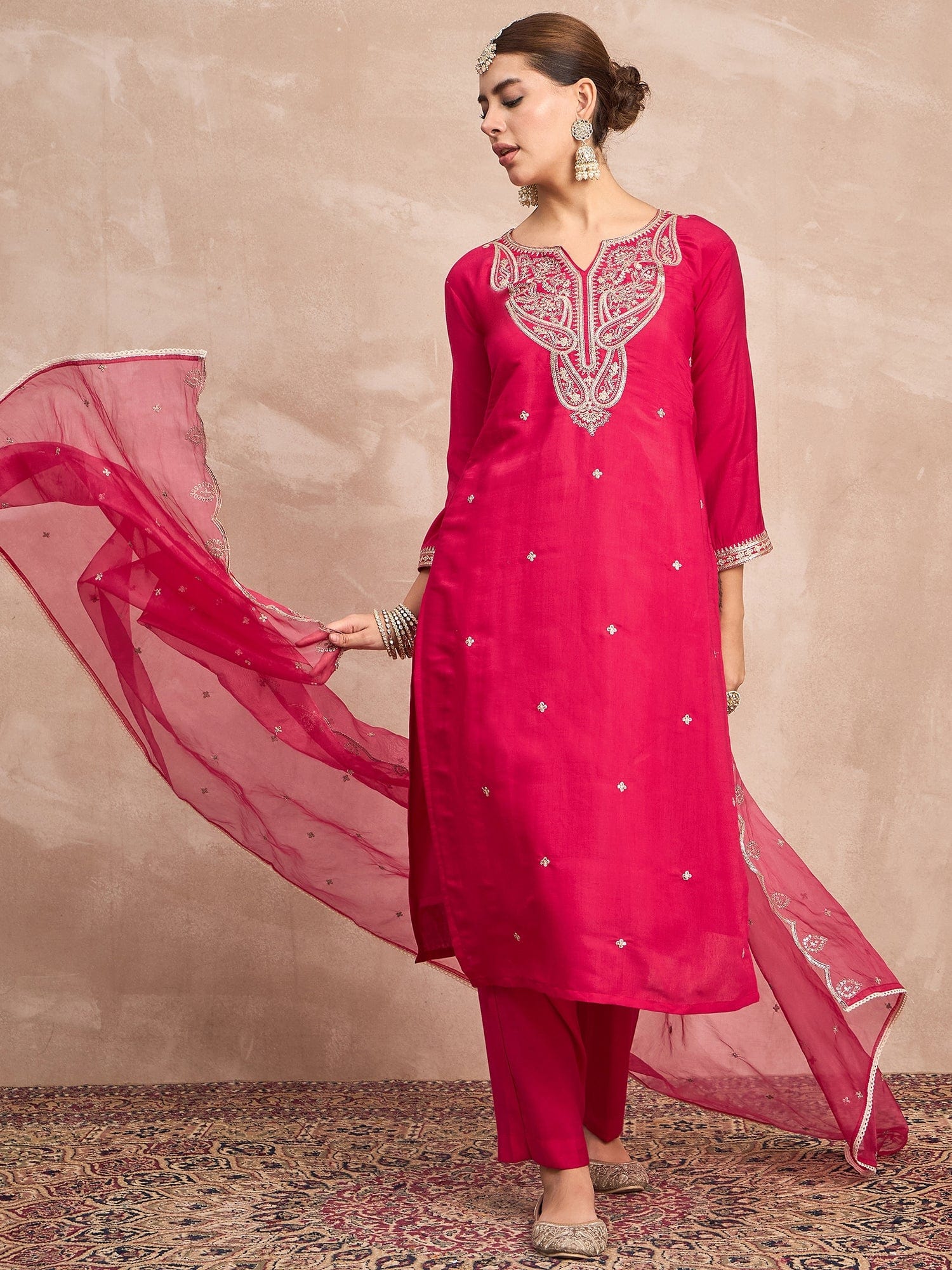 Fuchsia Straight-Fit Kurta Set With Intricate Zari Embroidery, Paired With Solid Ankle-Length Trousers And An Embroidered Dupatta For A Graceful Festive Look