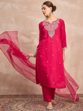 Fuchsia Straight-Fit Kurta Set With Intricate Zari Embroidery, Paired With Solid Ankle-Length Trousers And An Embroidered Dupatta For A Graceful Festive Look