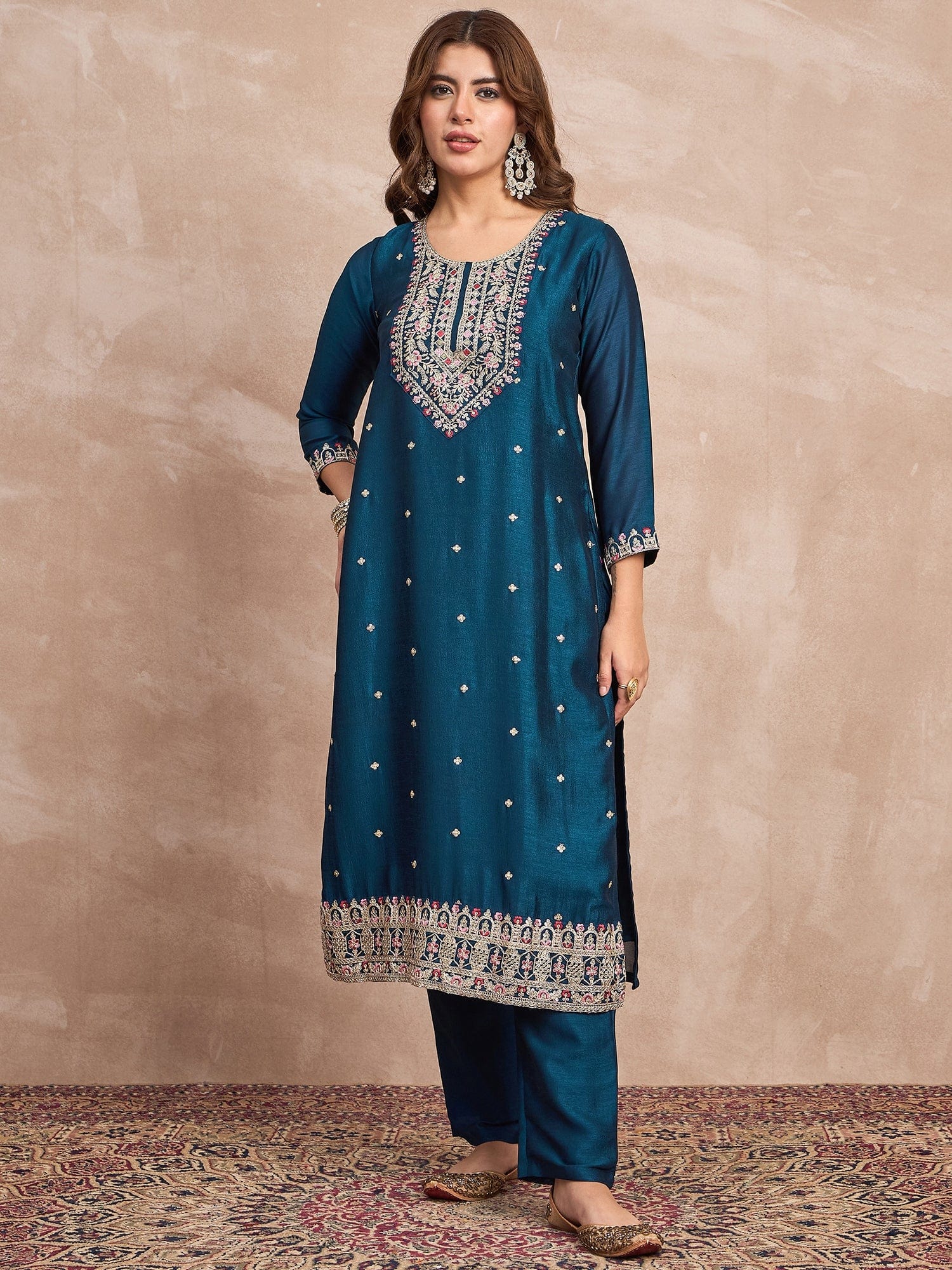 Kurta With Intricate Zari-Embroidered Yoke Is Paired With Ankle-Length Solid Trousers And A Matching Zari-Accented Dupatta