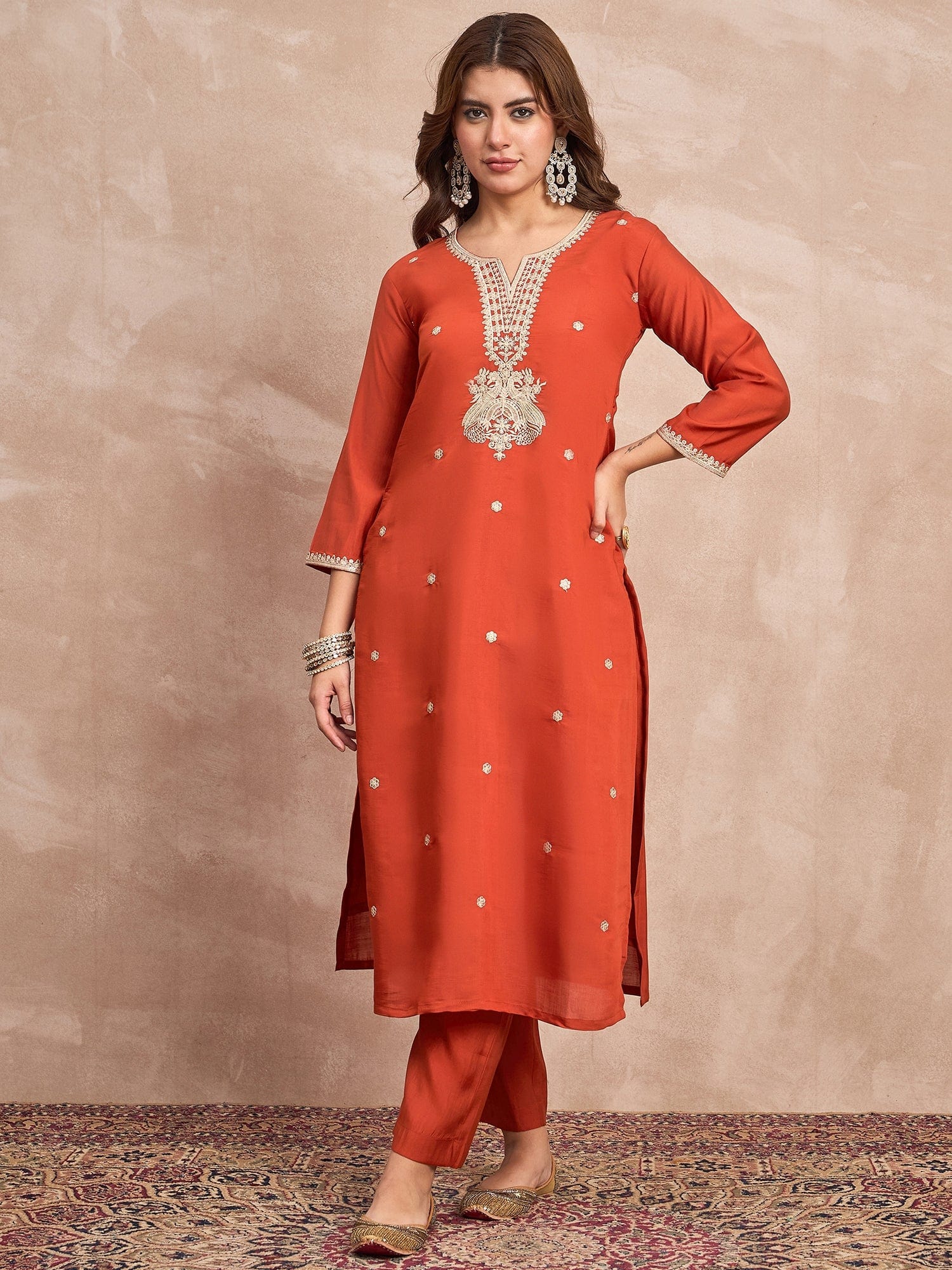 Kurta Set With Intricate Zari Embroidery, Paired With Solid Ankle-Length Trousers And An Embroidered Dupatta For A Graceful Festive Look