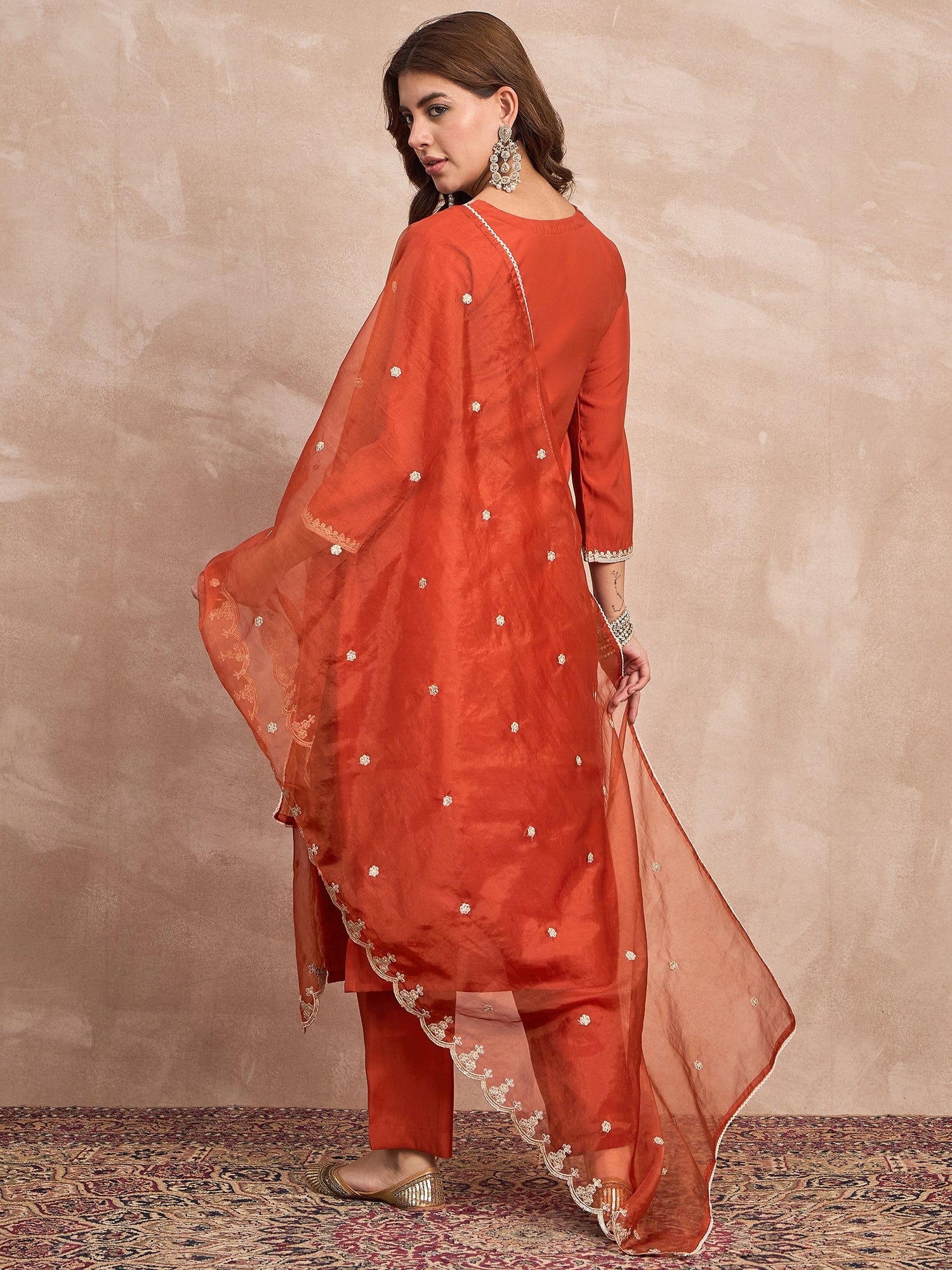 Kurta Set With Intricate Zari Embroidery, Paired With Solid Ankle-Length Trousers And An Embroidered Dupatta For A Graceful Festive Look