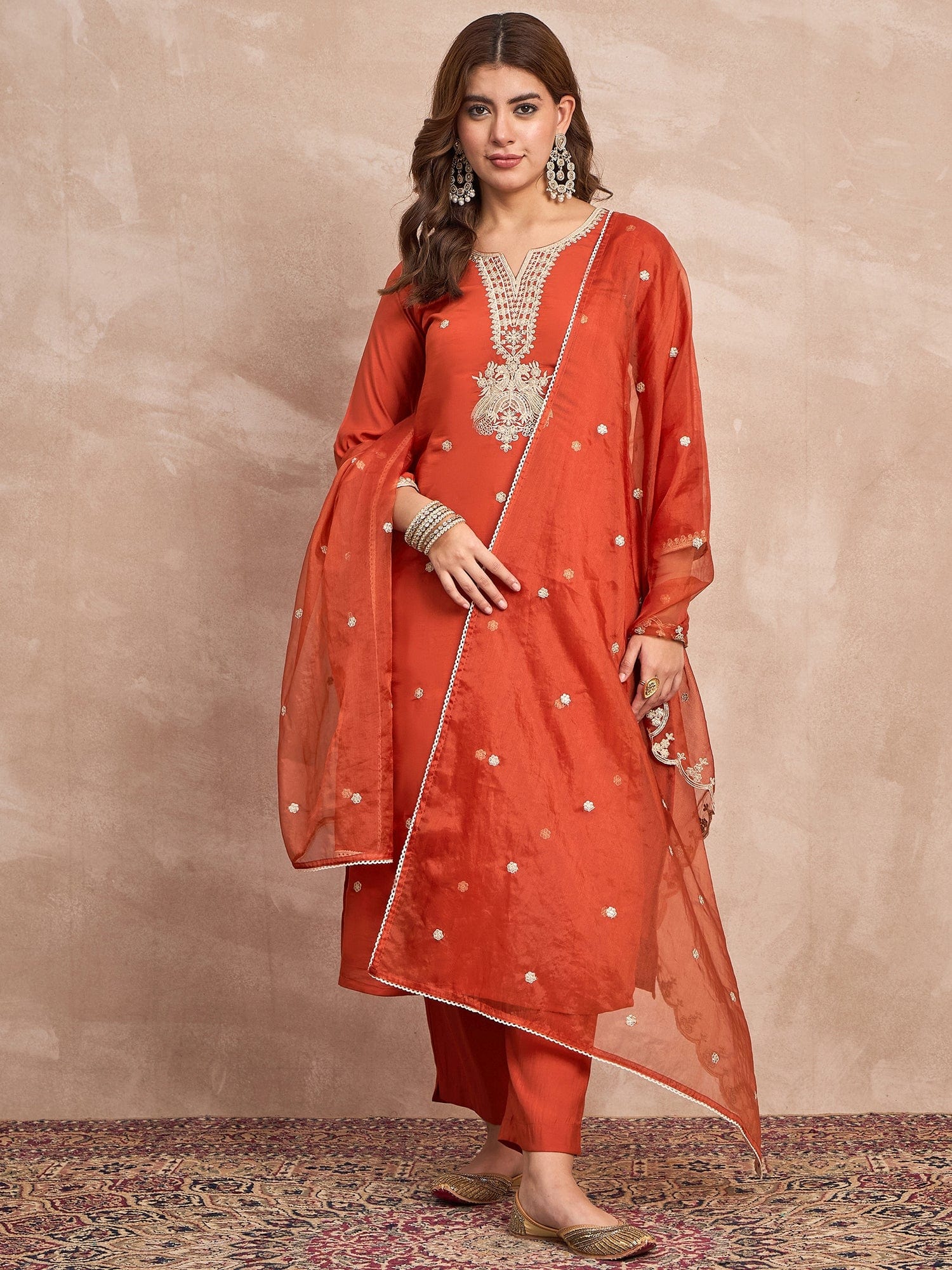 Kurta Set With Intricate Zari Embroidery, Paired With Solid Ankle-Length Trousers And An Embroidered Dupatta For A Graceful Festive Look