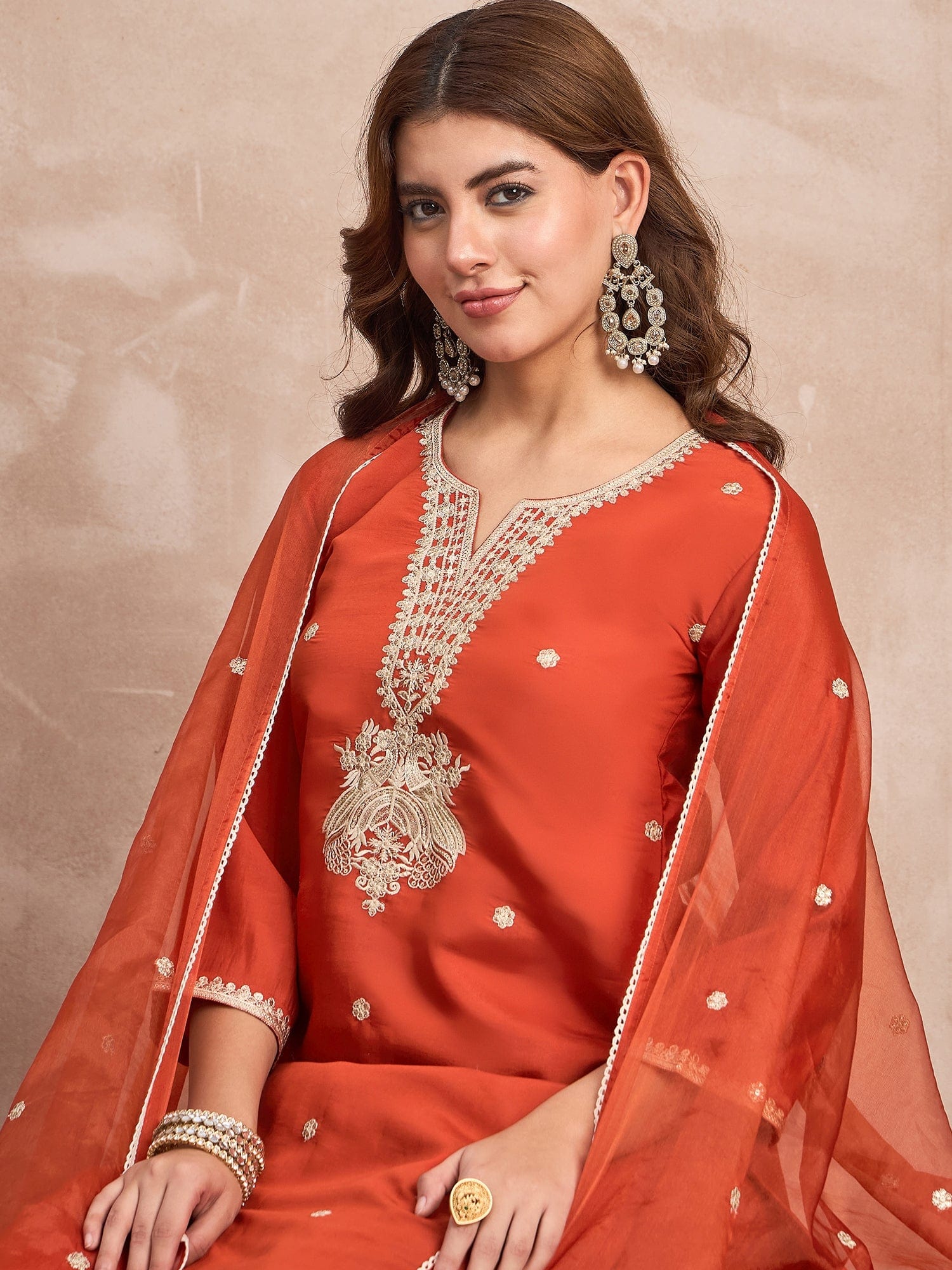Kurta Set With Intricate Zari Embroidery, Paired With Solid Ankle-Length Trousers And An Embroidered Dupatta For A Graceful Festive Look