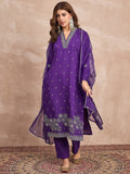 Kurta With Thread Embroidery And A V-Neck, Paired With Solid Ankle-Length Trousers And An Embroidered Dupatta For A Refined Ethnic Look