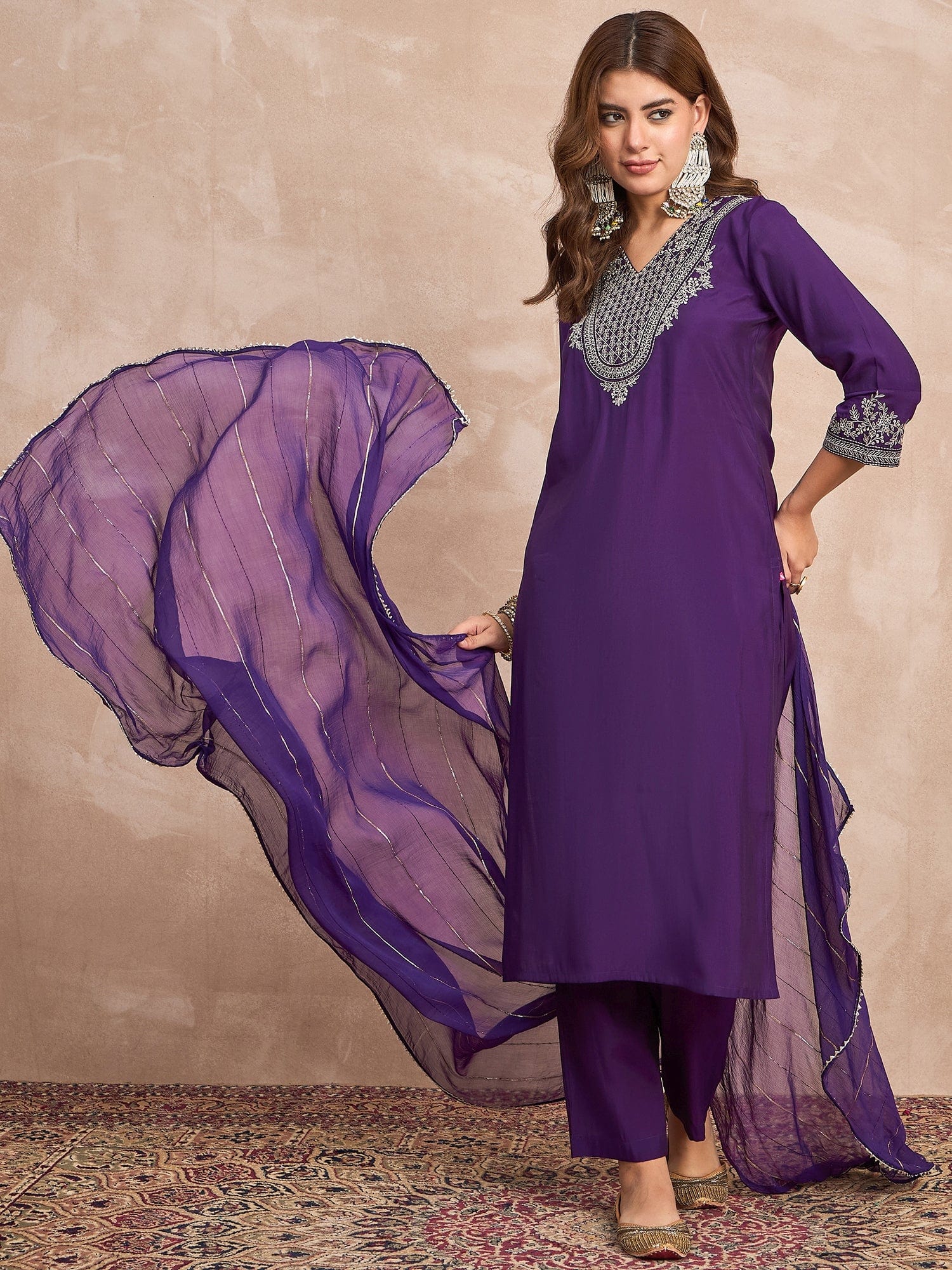 Kurta Set With Intricate Zari Embroidery, Paired With Solid Ankle-Length Trousers And An Embroidered Dupatta For A Graceful Festive Look