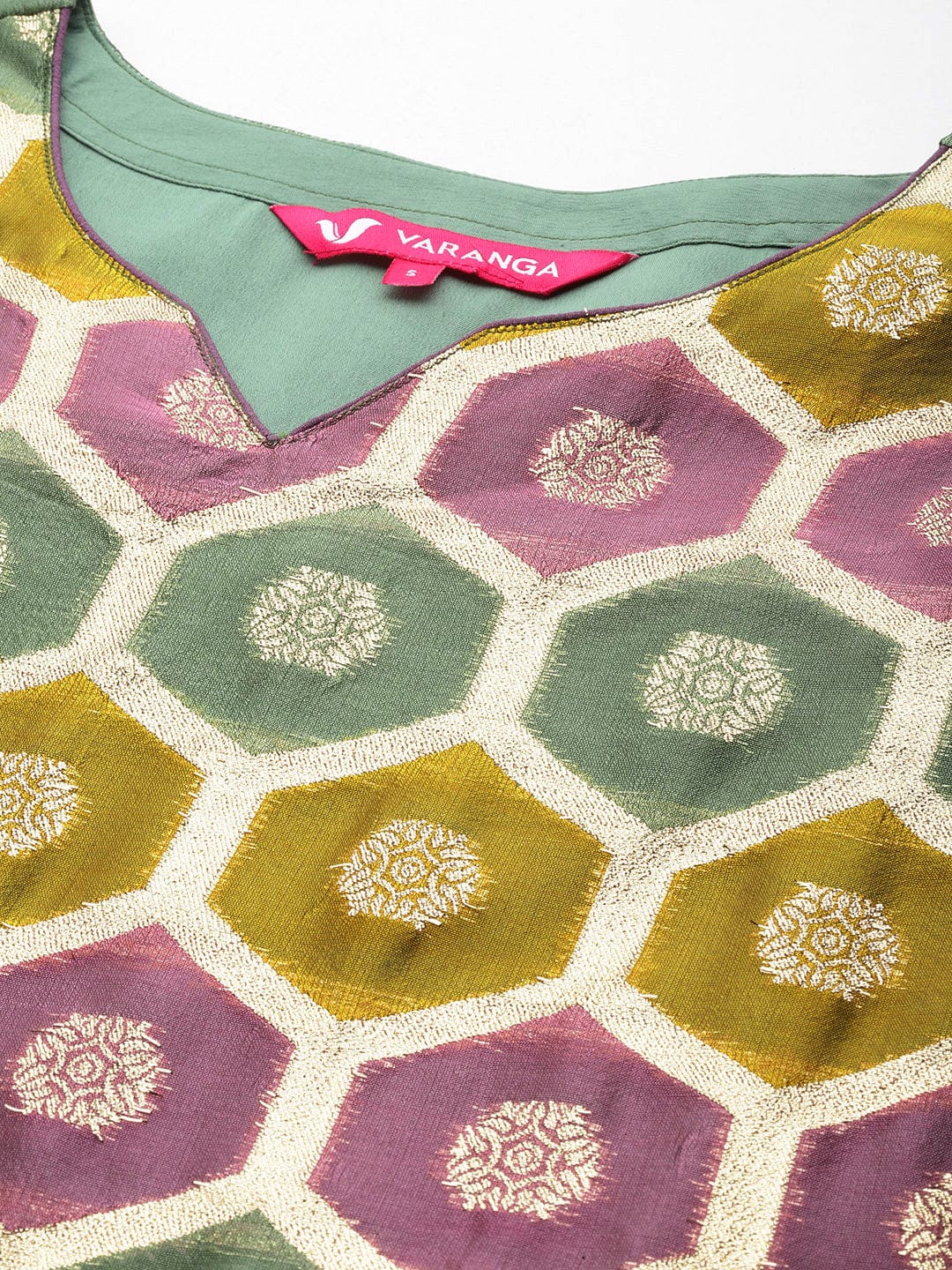 Varanga Green Geometric Woven Texture Straight Kurta Paired With Tonal Bottom And Dupatta