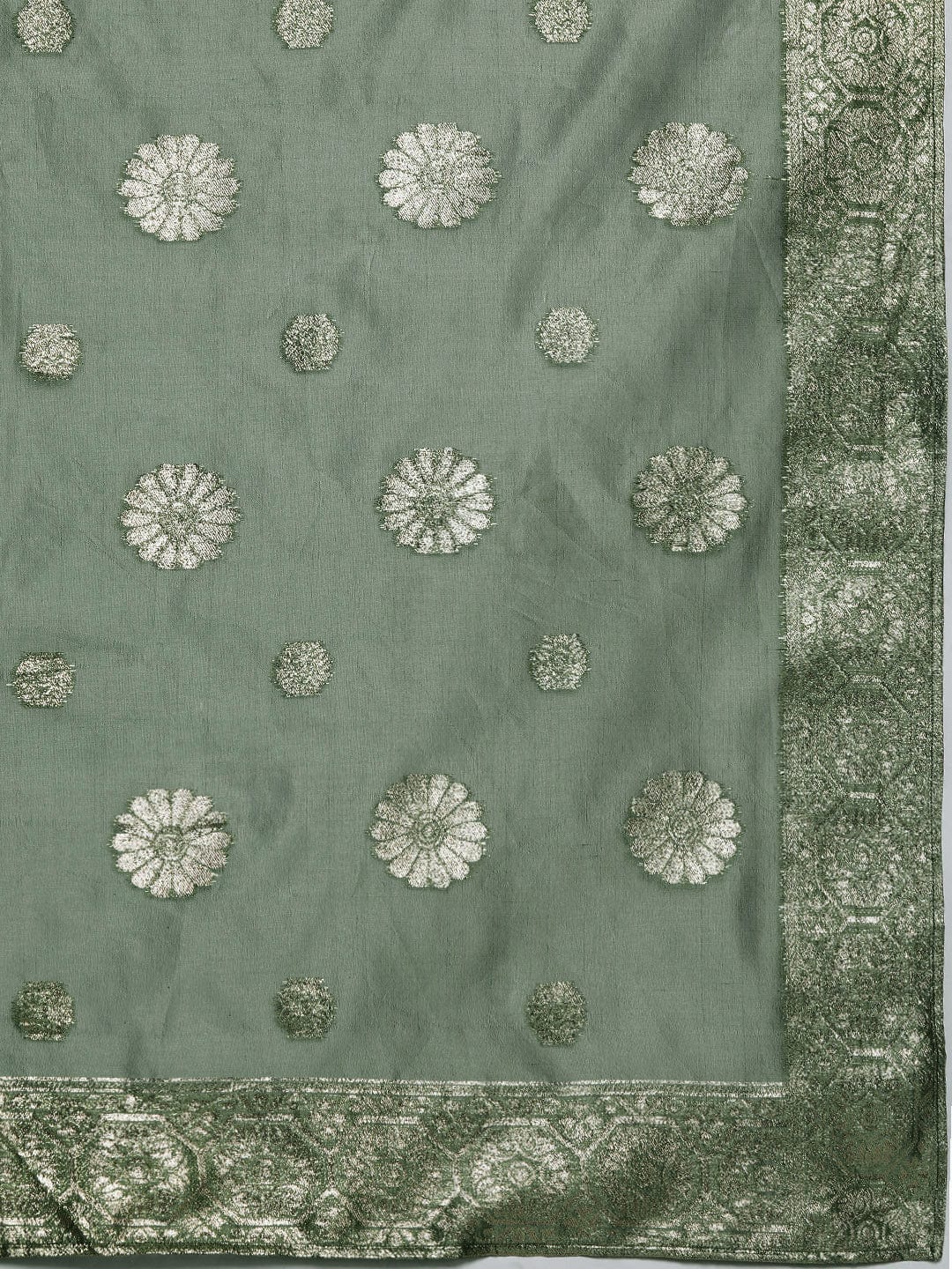 Varanga Green Geometric Woven Texture Straight Kurta Paired With Tonal Bottom And Dupatta