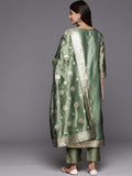 Varanga Green Geometric Woven Texture Straight Kurta Paired With Tonal Bottom And Dupatta