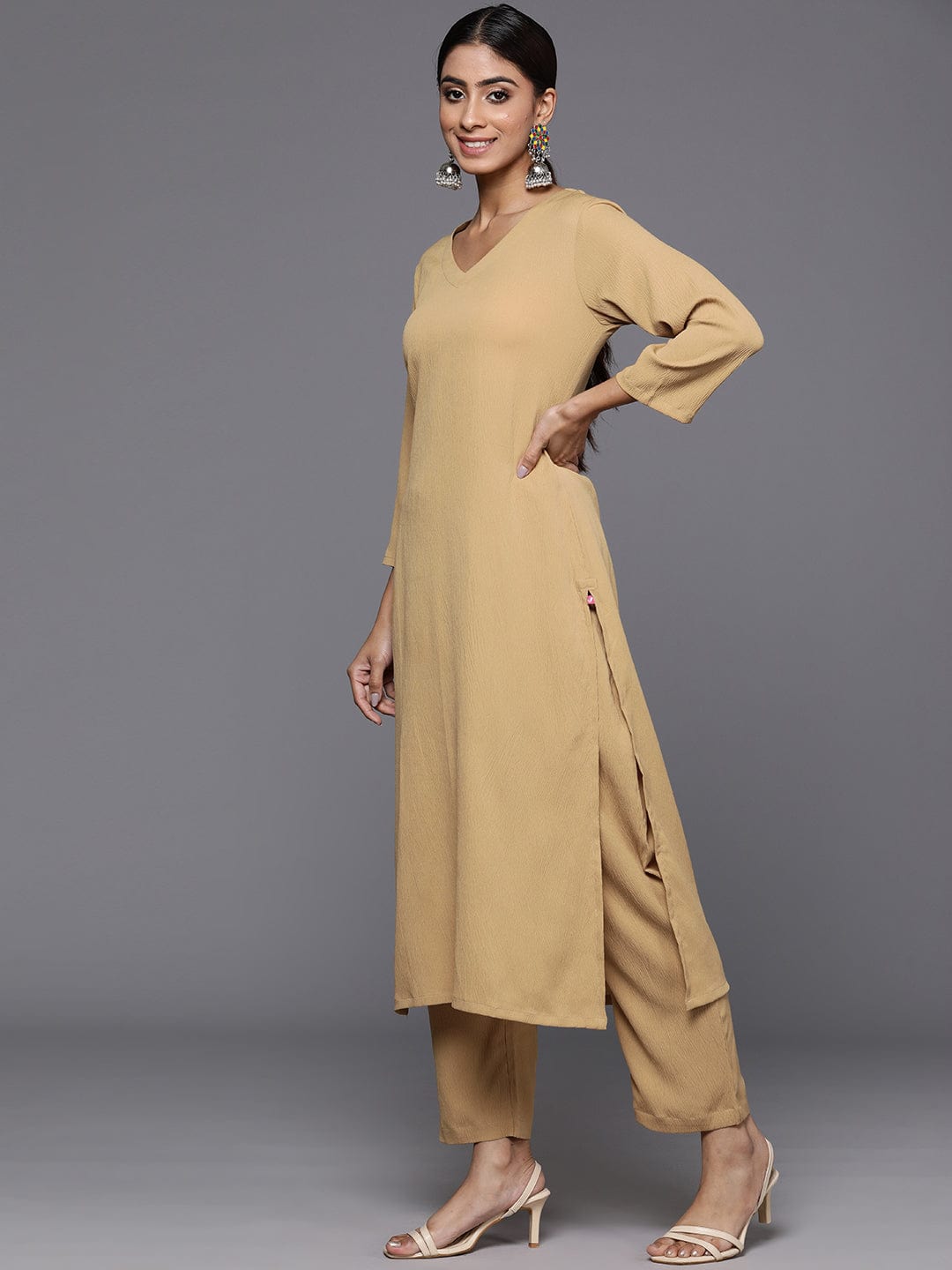 Beige Straight Kurta Paired With Tonal Bottom And Printed Dupatta