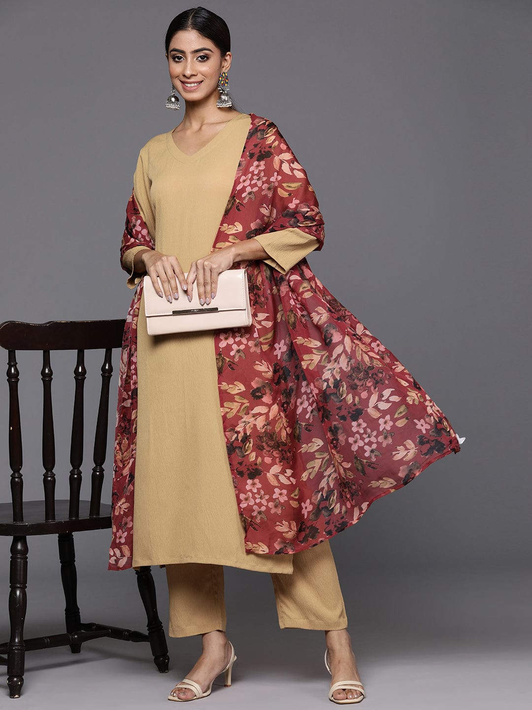Beige Straight Kurta Paired With Tonal Bottom And Printed Dupatta