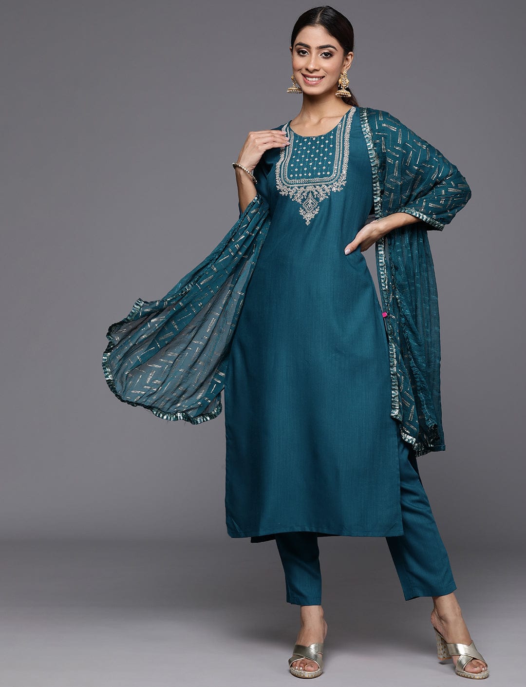 Blue Round Neck Embroidered Yoke Straight Kurta Paired With Tonal Bottom And Dupatta