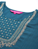 Blue Round Neck Embroidered Yoke Straight Kurta Paired With Tonal Bottom And Dupatta