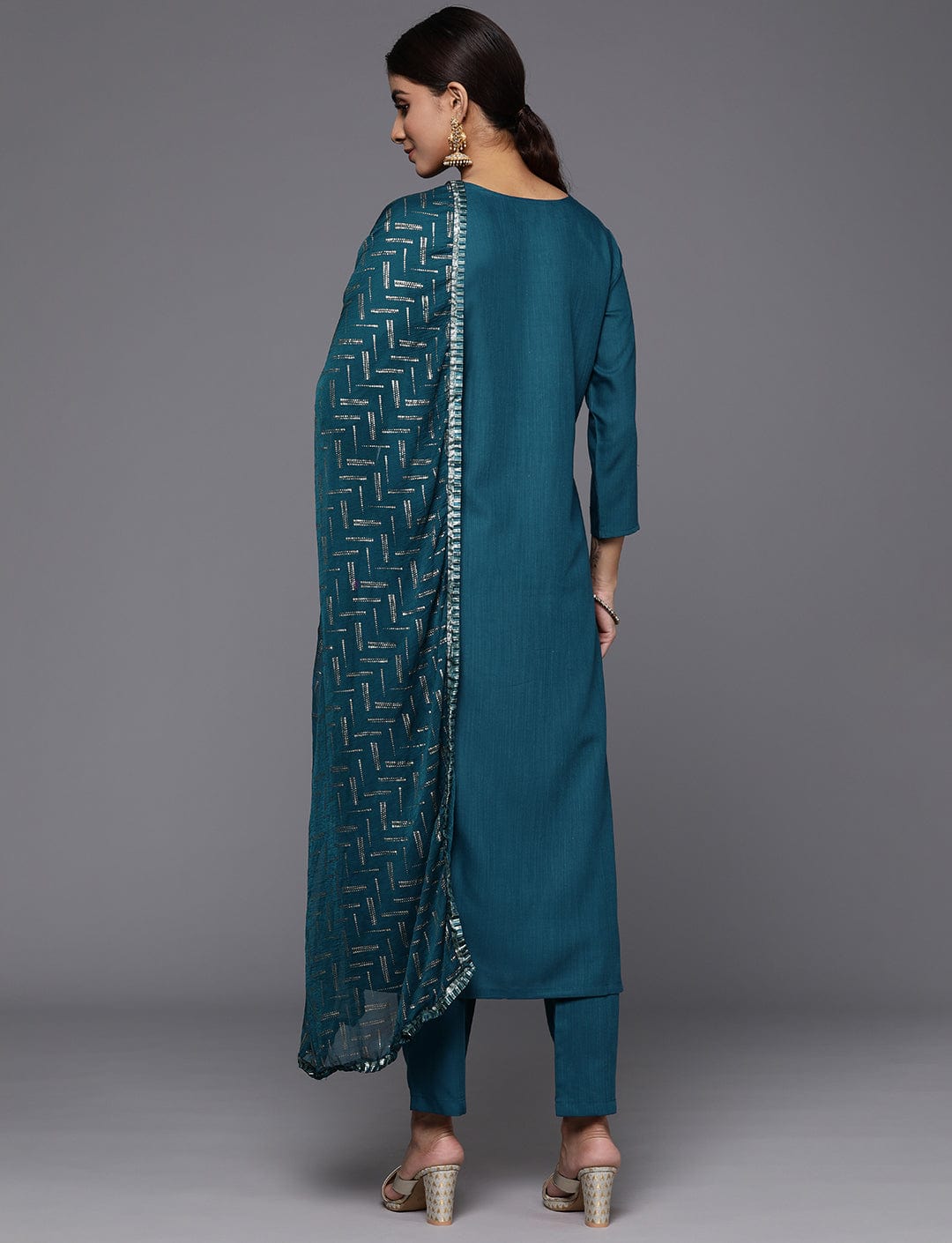 Blue Round Neck Embroidered Yoke Straight Kurta Paired With Tonal Bottom And Dupatta