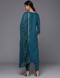 Blue Round Neck Embroidered Yoke Straight Kurta Paired With Tonal Bottom And Dupatta