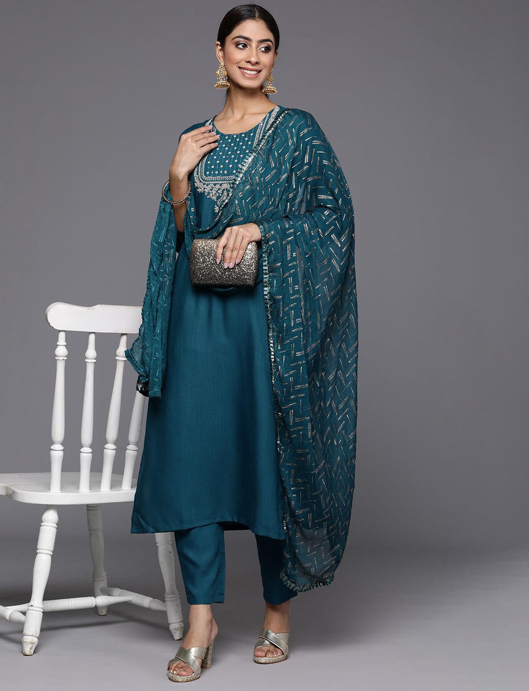 Blue Round Neck Embroidered Yoke Straight Kurta Paired With Tonal Bottom And Dupatta