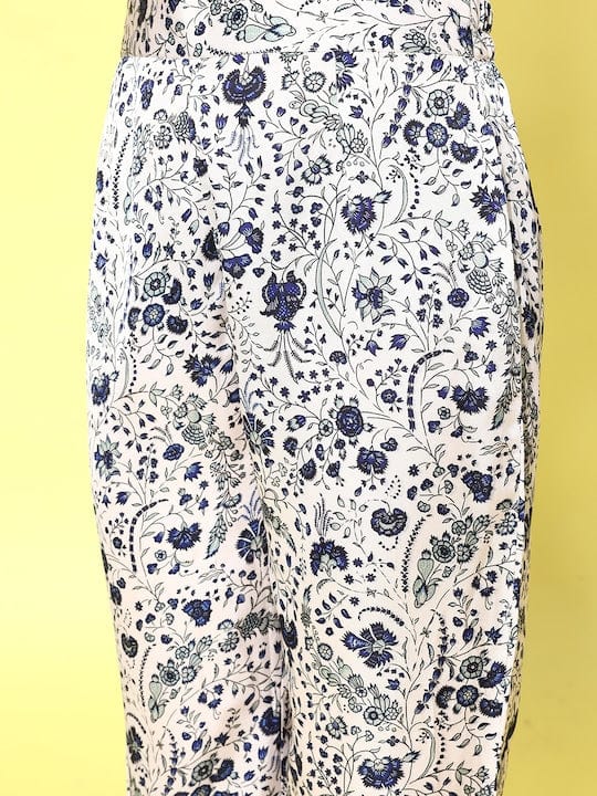 Varanga Women White Floral Printed Top Paired With Tonal Printed Bottom