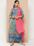 Varanga Women Blue Floral Printed Pure Cotton Kurta With Palazzos With Dupatta