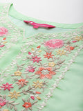 Varanga Women Sea Green Thread Embroidered Kurta With Bottom And Dupatta