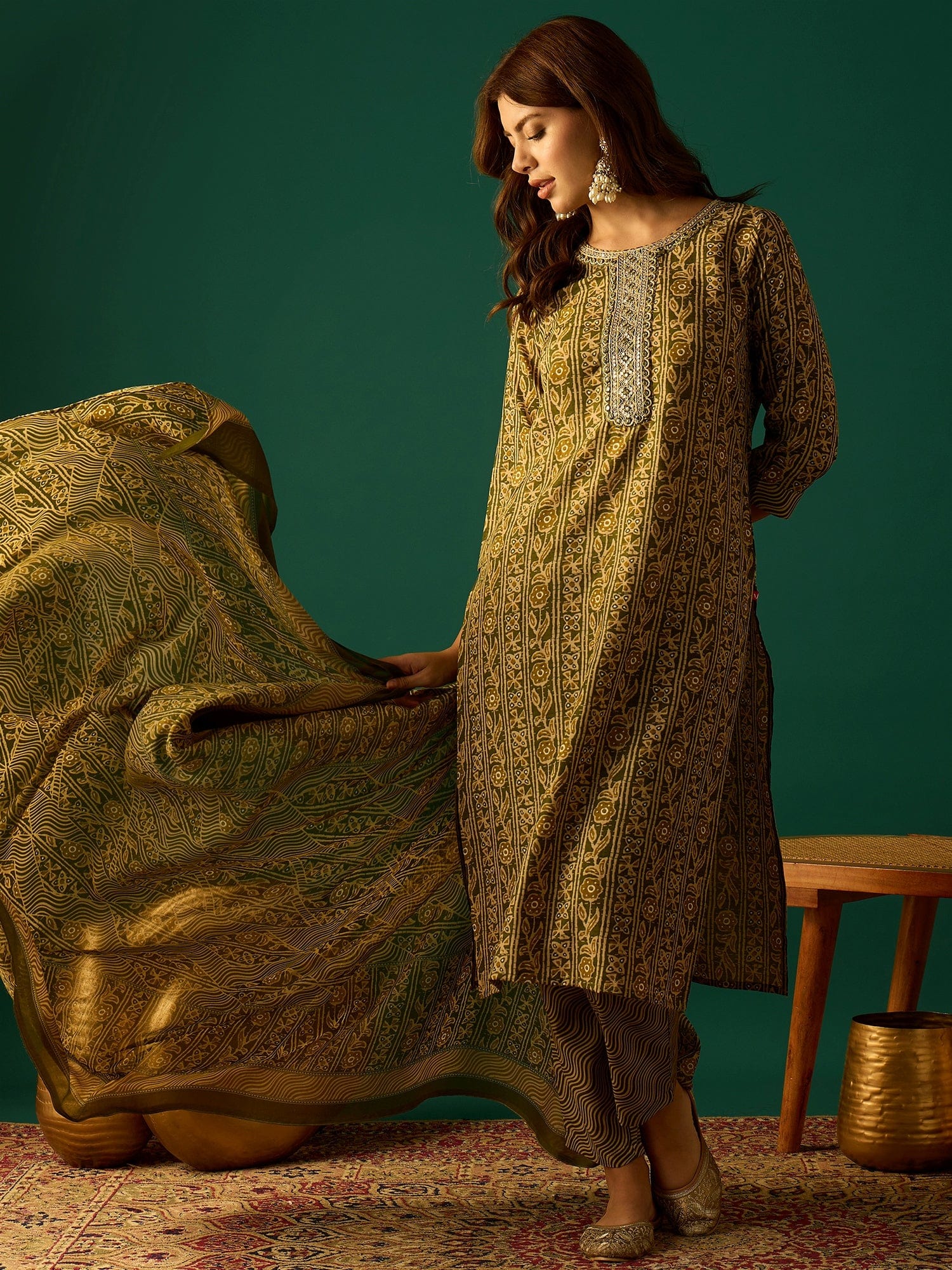 Kurta Set With Zari Yoke Embroidery, Printed Trousers, And Floral Dupatta