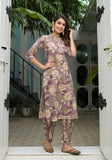 Varanga Women Lavender Floral Printed Mirror Embellished Straight Kurta Paired With Afghani Bottom And Printed Dupatta