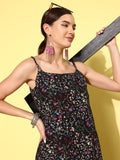 Black floral printed spaghetti strap style straight kurta with side slits