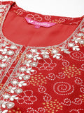 Varanga Women Red Bandhani Printed, Three Quarter Sleeves Straight Kurta.