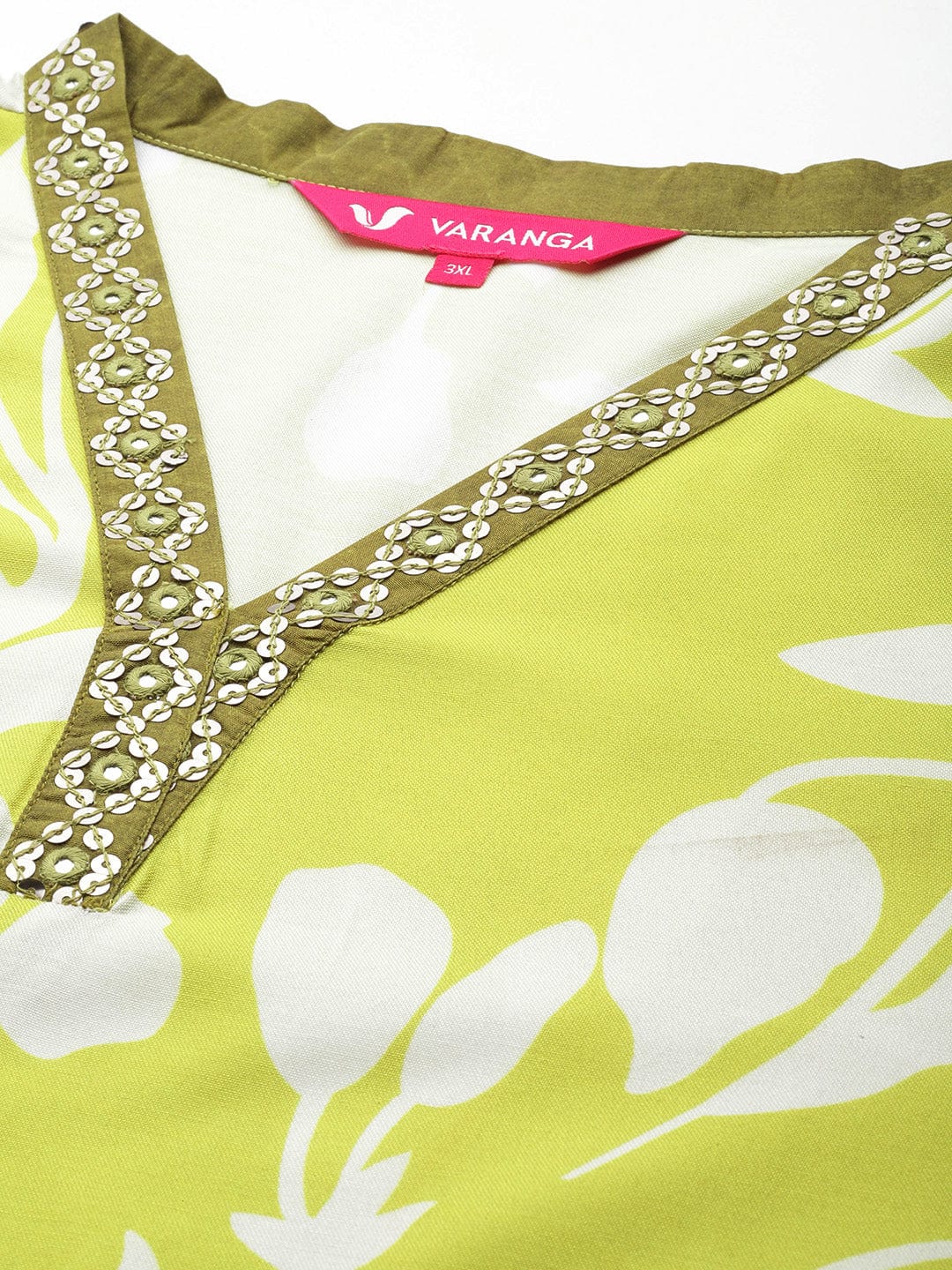 Varanga Women Plus Size Lime Green Floral Printed Kurta With V Neck And Three Quarter Bell Sleeves Pl24 Vkur1071