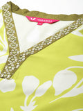 Varanga Women Plus Size Lime Green Floral Printed Kurta With V Neck And Three Quarter Bell Sleeves Pl24 Vkur1071