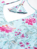 Varanga Women Blue Floral Printed Anarkali Kurta With Tonal Bottom And Dupatta