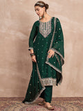 Elegant In Deep Green, This Straight-Fit Kurta With Intricate Zari-Embroidered Yoke Is Paired With Ankle-Length Solid Trousers And A Matching Zari-Accented Dupatta