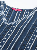 Varanga Women Blue And White Striped Straight Kurta With V Shape Neckline And 3/4Th Sleeves