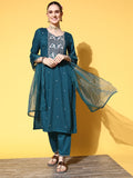 varanga women teal ethnic motifs embroidered sequinned kurta with trousers with dupatta