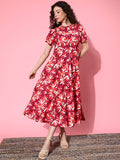 varanga burgundy and white floral print mandarin collar crepe a line midi dress