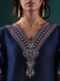 Varanga Women Blue Embroidered Straight Kurta Paired With Tonal Embroidered Bottom And With Tonal Chiffon Dotted Dupatta