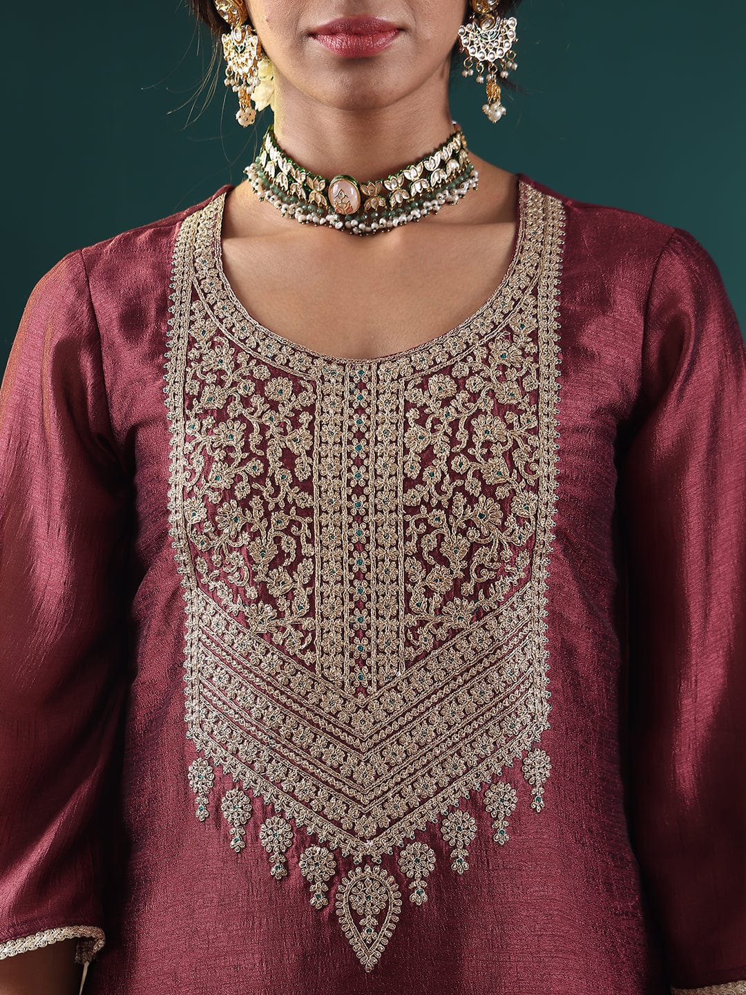 Varanga Women Burgundy Zari Embroidered Kurta With Bottom And Dupatta