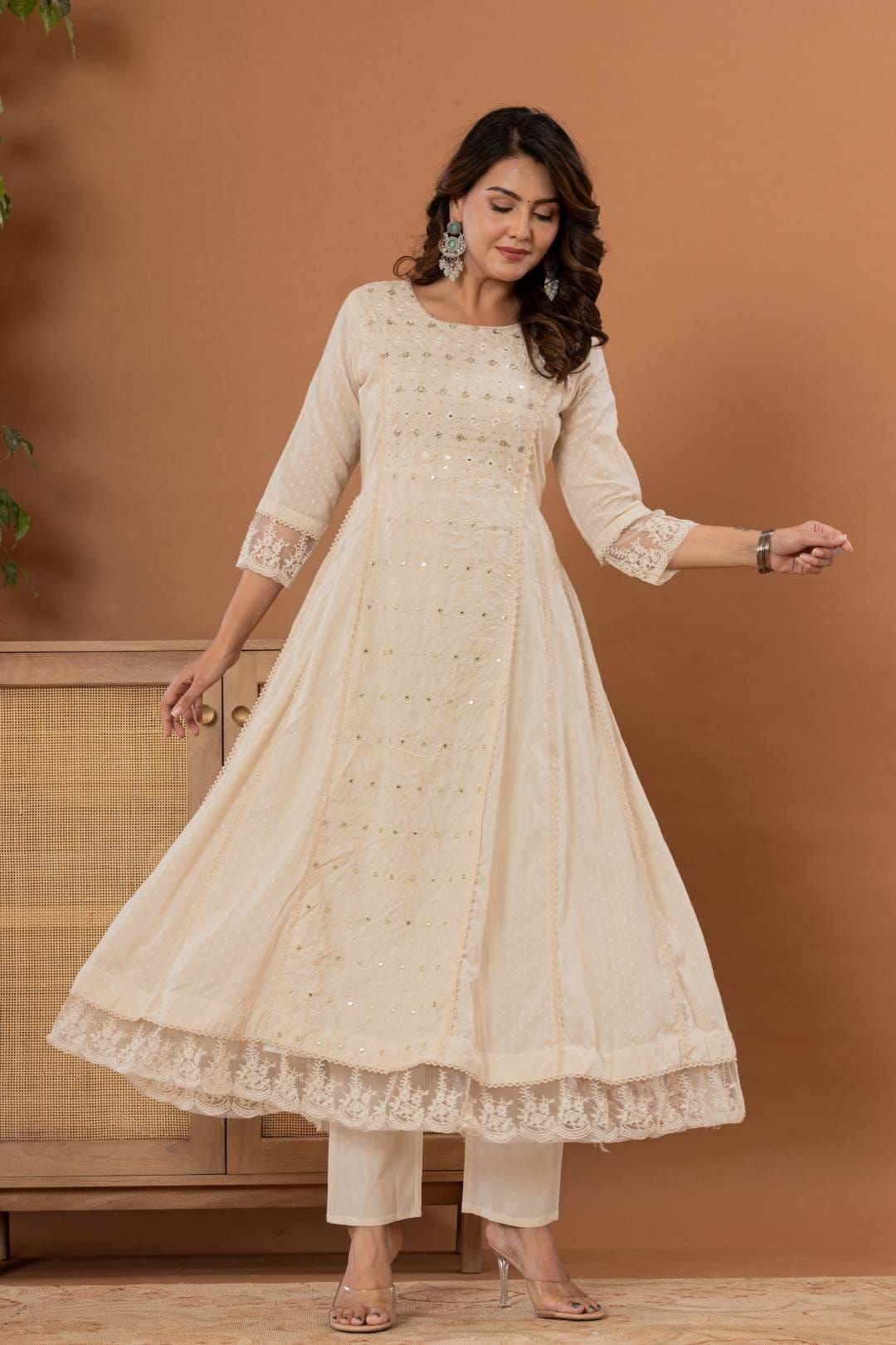 Varanga Women Floral Embroidered Panelled Mirror Work Pure Cotton Kurta with Trousers & Dupatta