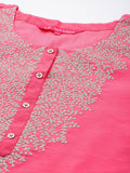 Varanga Women Plus Size Floral Yoke Design Sequinned Chanderi Silk Kurta with Trousers & Dupatta