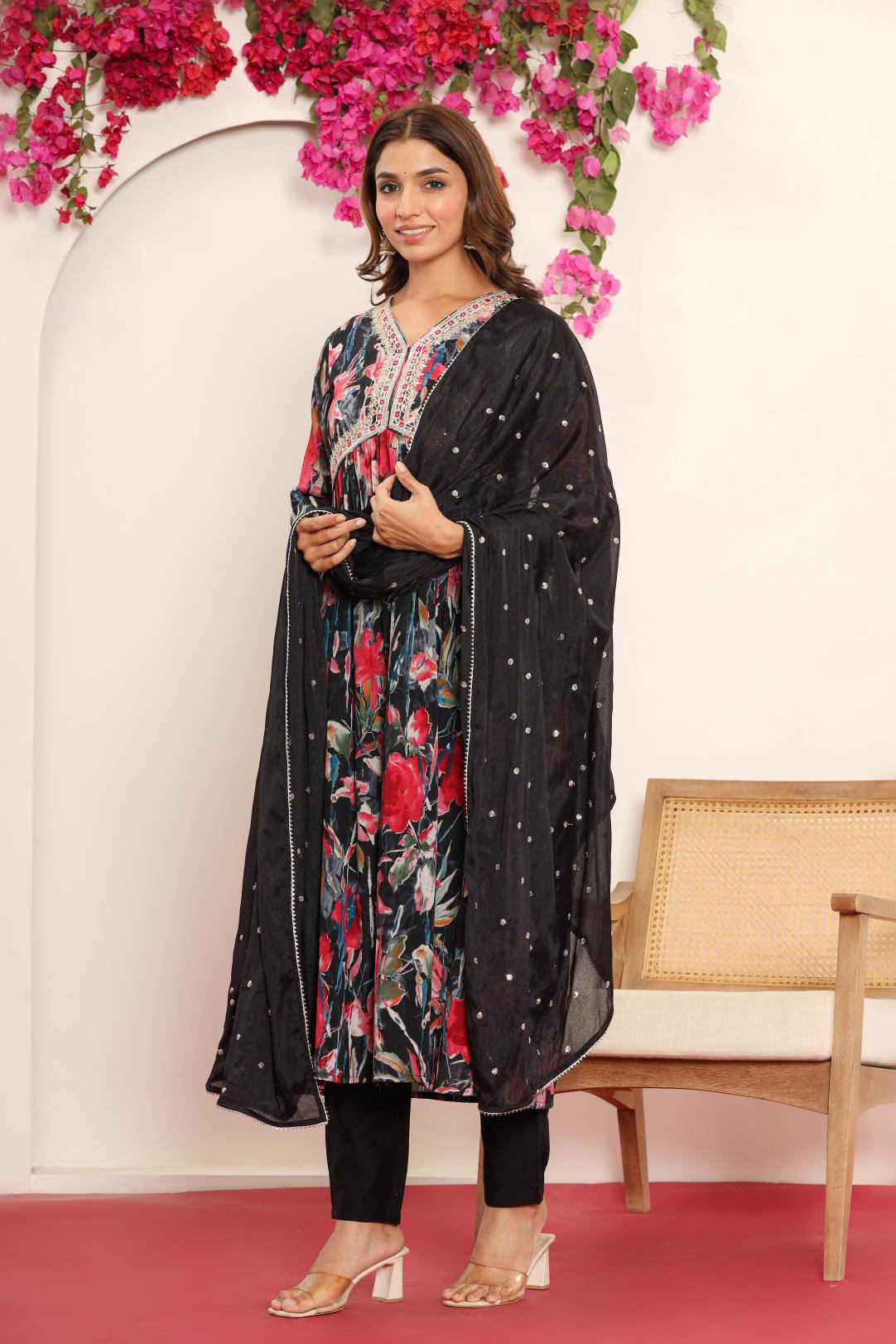Varanga Women Black Floral Printed Embroidered V-Neck Alia Cut  Kurta Paired With Tonal Dupatta