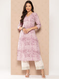 Varanga Women Lavender Stripe Printed V-Neck Straight Kurta With Three Quarter Sleeves