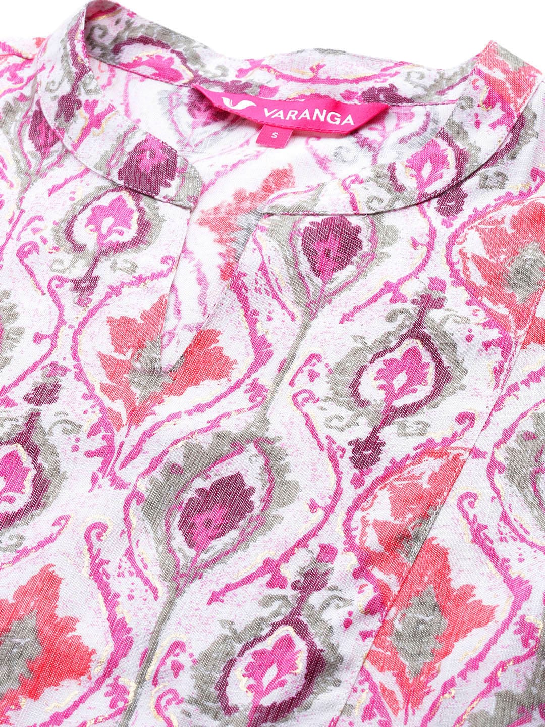 varanga pink ikat printed mandarin collar gathered details a line kurta