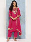Varanga Fuchsia Ethnic Motifs Embroidered Sequinned Round Neck Kurta With Trousers & With Dupatta