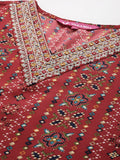 Varanga Women Red Printed  V-Neck Embroidered Kurta With Bottom And Dupatta