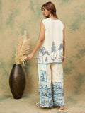 Off-white printed co-ord set featuring a sleeveless V-neck top and relaxed palazzo trousers for a chic, casual look
