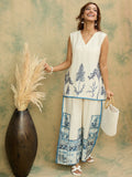 Off-white printed co-ord set featuring a sleeveless V-neck top and relaxed palazzo trousers for a chic, casual look