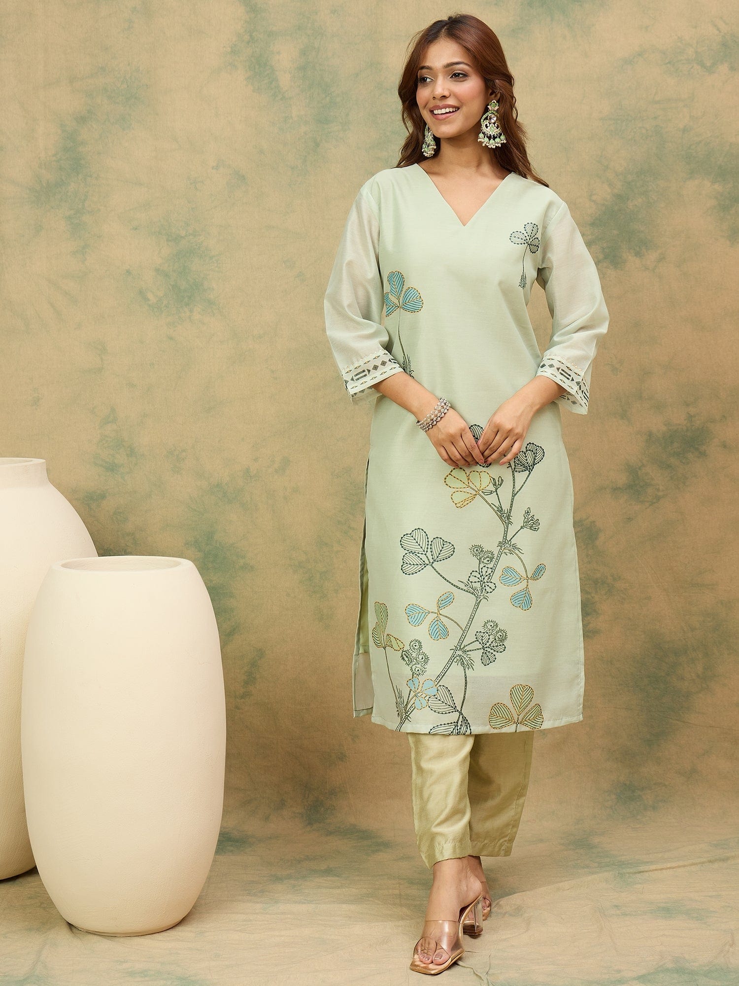 Varanga Women Olive  Floral Printed Embroidered Kurta  Paired With Bottom And Dupatta