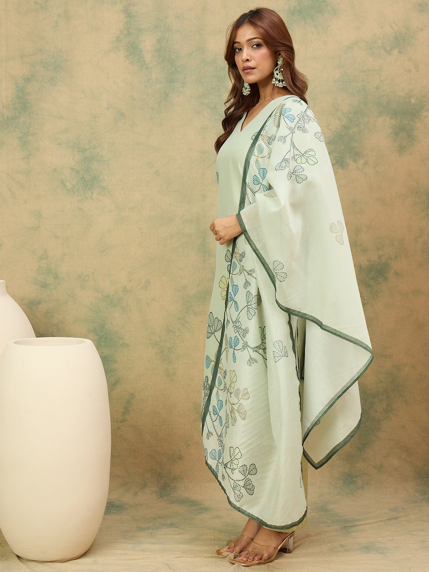 Varanga Women Olive  Floral Printed Embroidered Kurta  Paired With Bottom And Dupatta