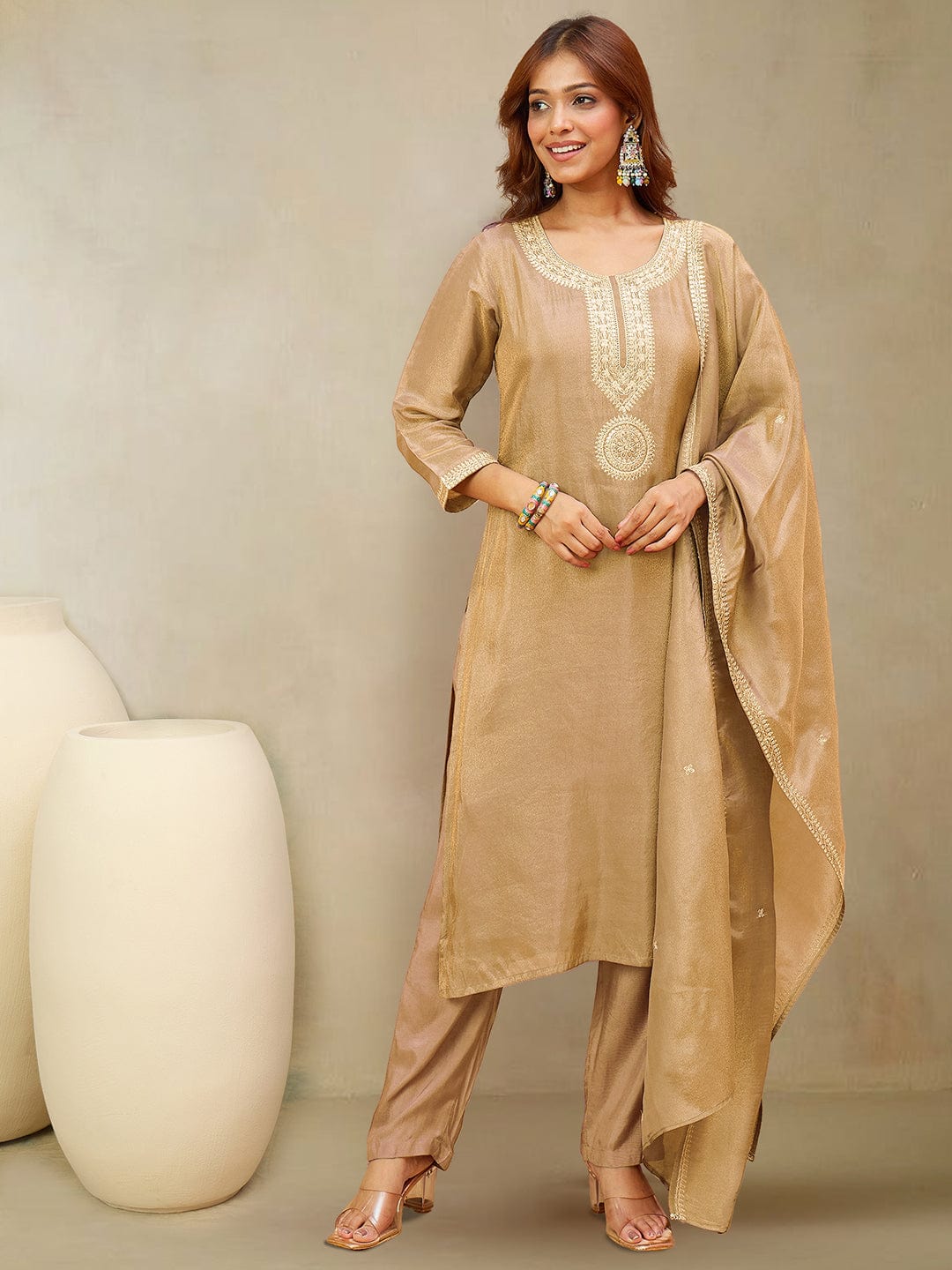 Zari Embroidered Yoke Kurta With Trousers And Dupatta